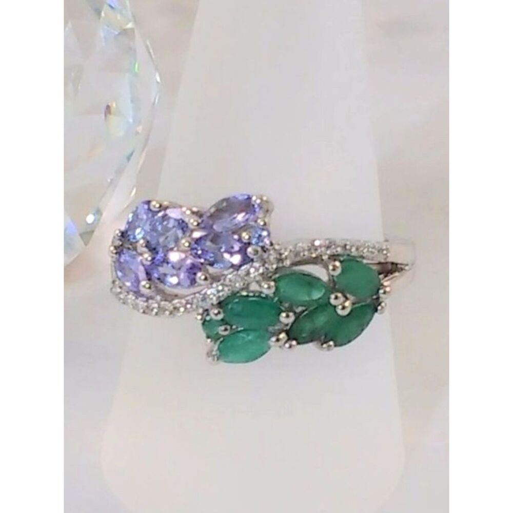 Emerald and Tanzanite and Topaz Bypass Ring Size 9